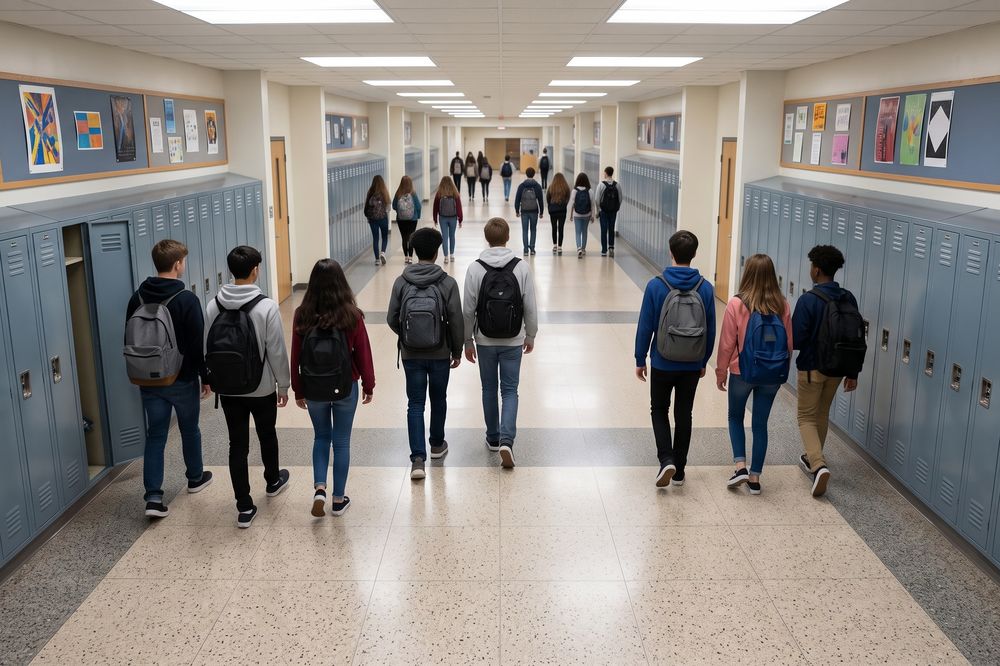 A busy school corridor between lessons
