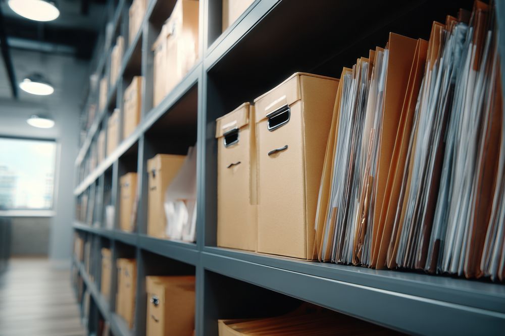 Archive boxes and files stored on office shelving