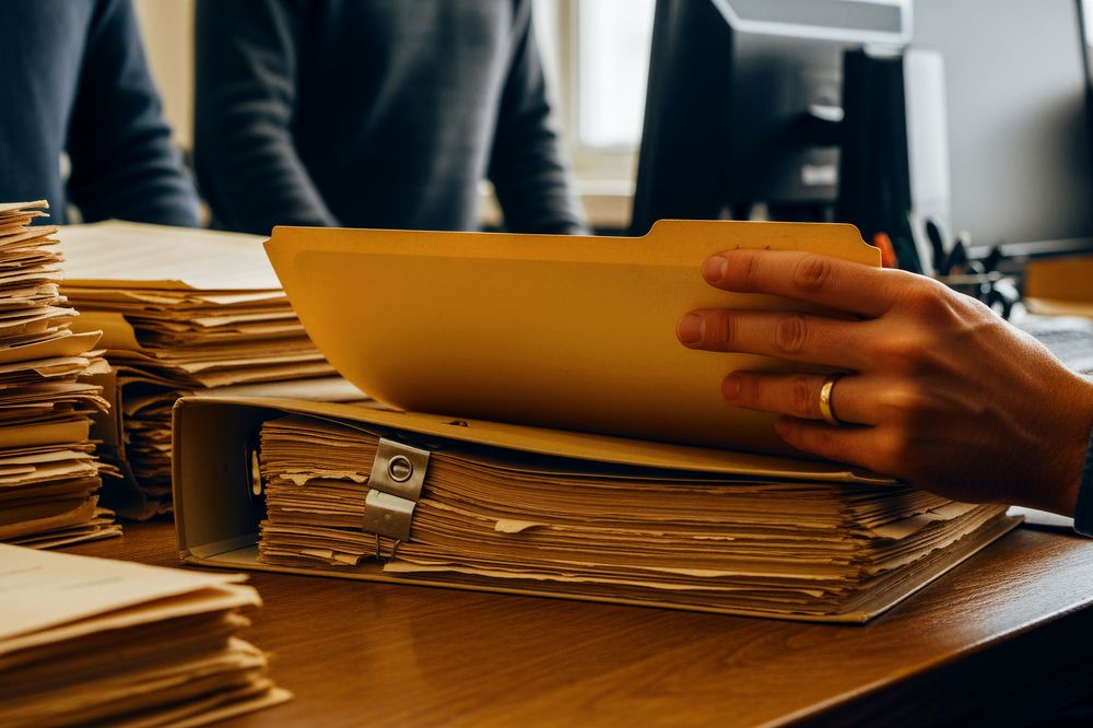 Hands sorting through a stack of paper records at a desk
