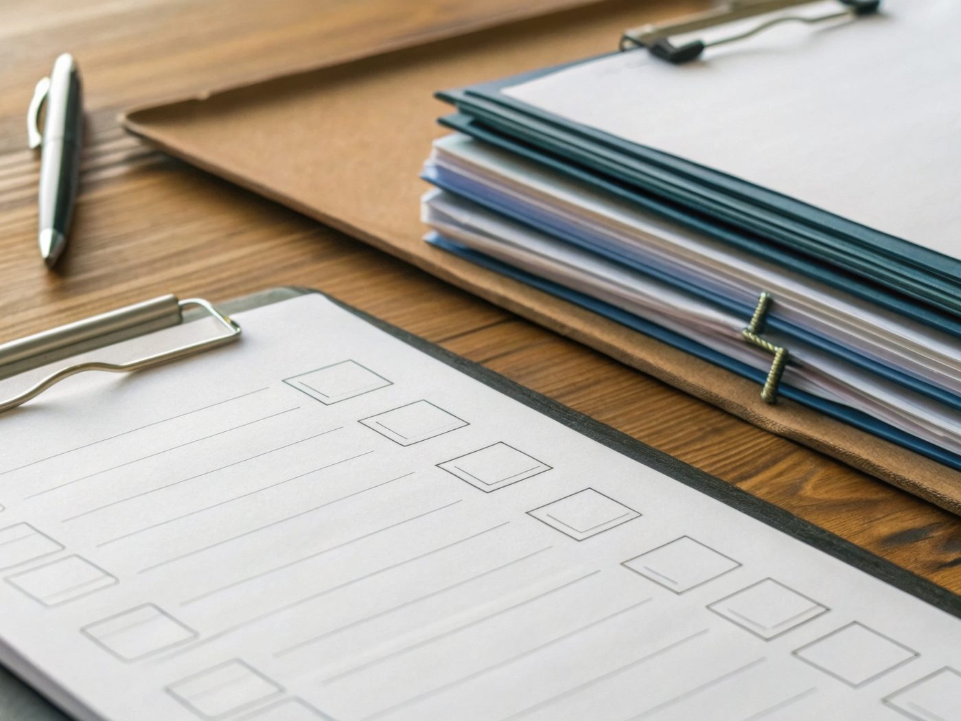 A printed checklist on a clipboard beside a pen