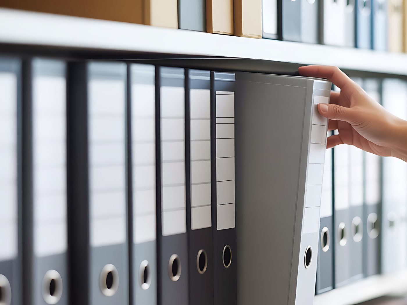 A hand lifting a ring binder from a shelf of records